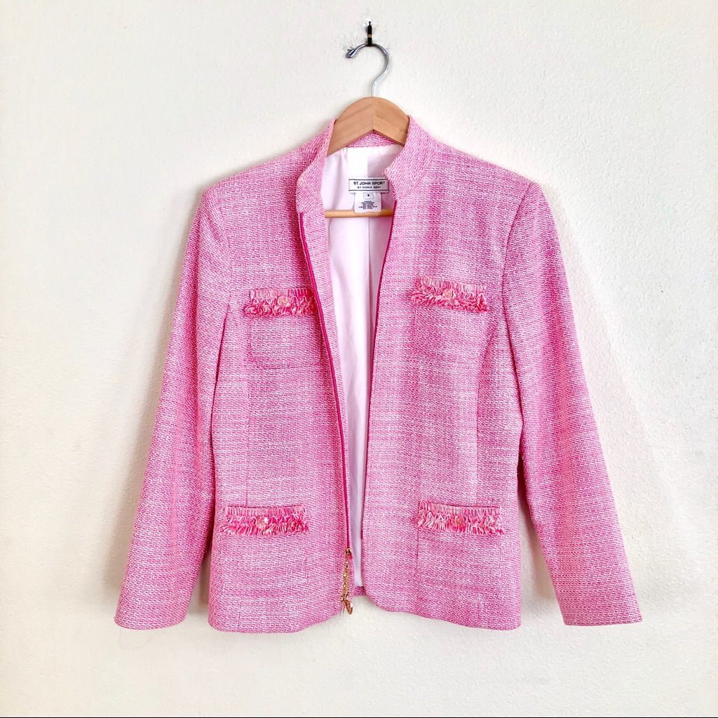 St. John Tweed Fringe Four Pocket Zip Jacket In Pink